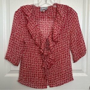 BARASCHI Silk Ruffle Neckline Button Down Red 3/4 sleeve Femina Top | size Small